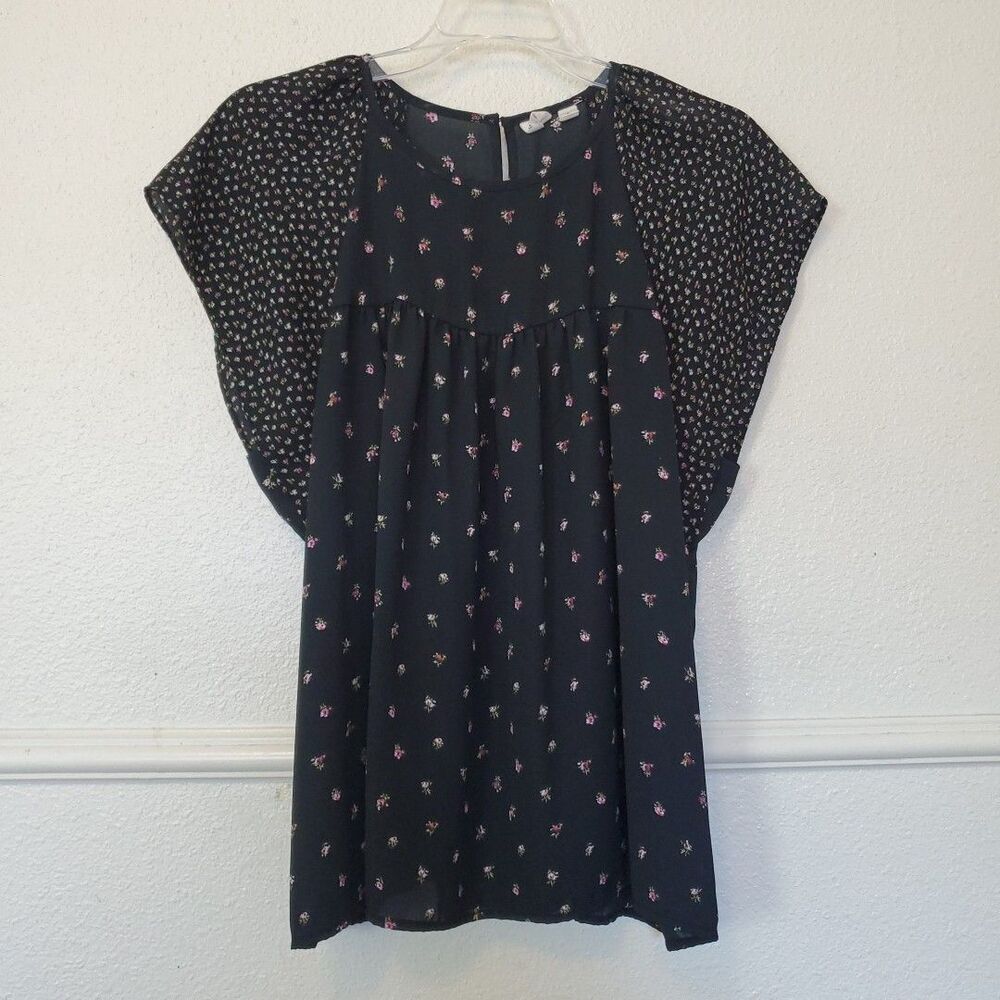 Gap Womens Top Black Pink Floral Short Flutter Sleeve Chiffon Blouse Boho Size L